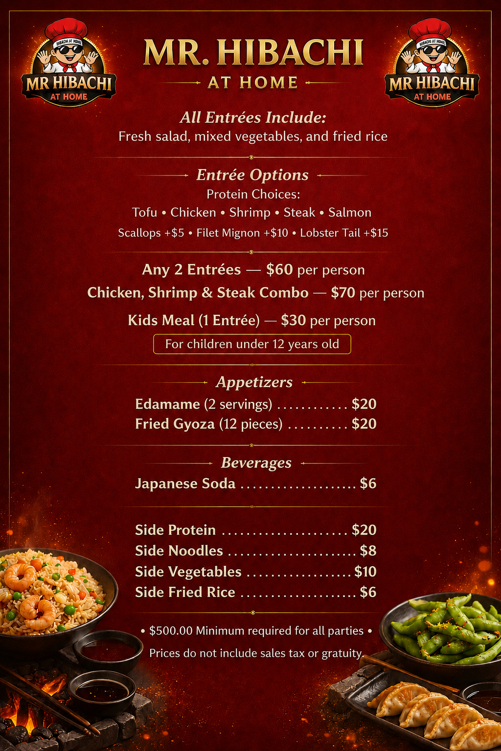 Mr. Hibachi At Home menu showing entree, appetizer, and side pricing for private hibachi catering